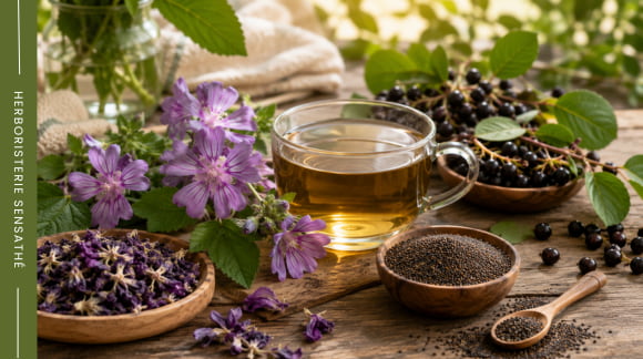Plantes médicinales contre la constipation  mauve, bourdaine, psyllium noir et tisane favorisant un transit intestinal naturel - Herboristerie Sensathé